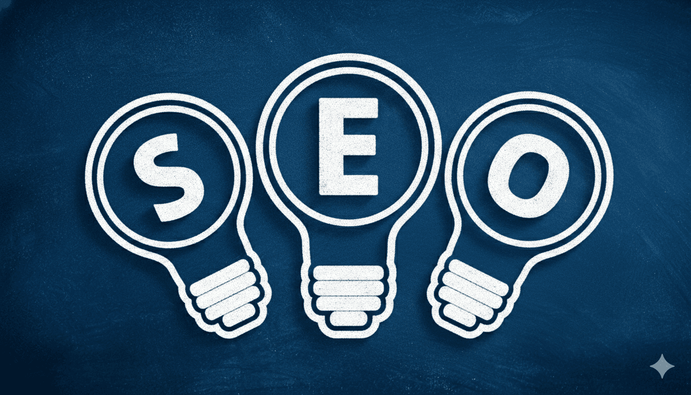 Illustration of three lightbulbs on a dark blue chalkboard background with the letters S, E, and O inside each bulb respectively.