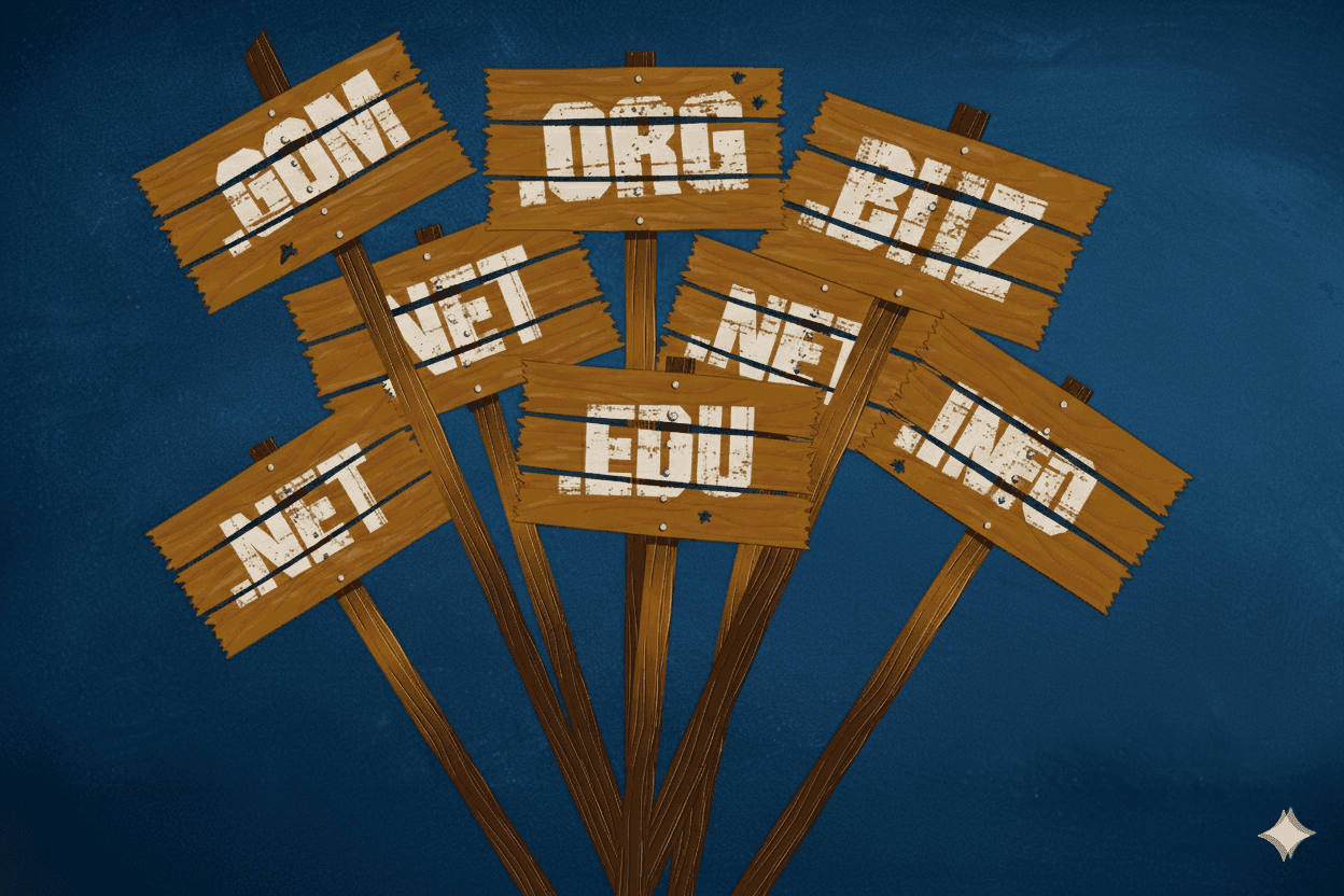 Illustration of several rustic wooden signs on posts against a blue background, each featuring a different domain extension including .COM, .ORG, .BIZ, .NET, .EDU, and .INFO.