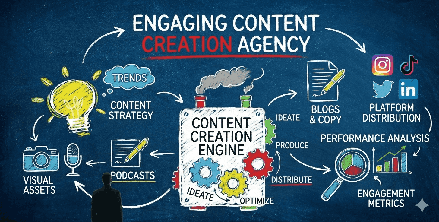 Infographic titled "ENGAGING CONTENT CREATION AGENCY." A central "CONTENT CREATION ENGINE" connects to various stages: Content Strategy, Visual Assets, Podcasts, Blogs & Copy, Platform Distribution, and Engagement Metrics.