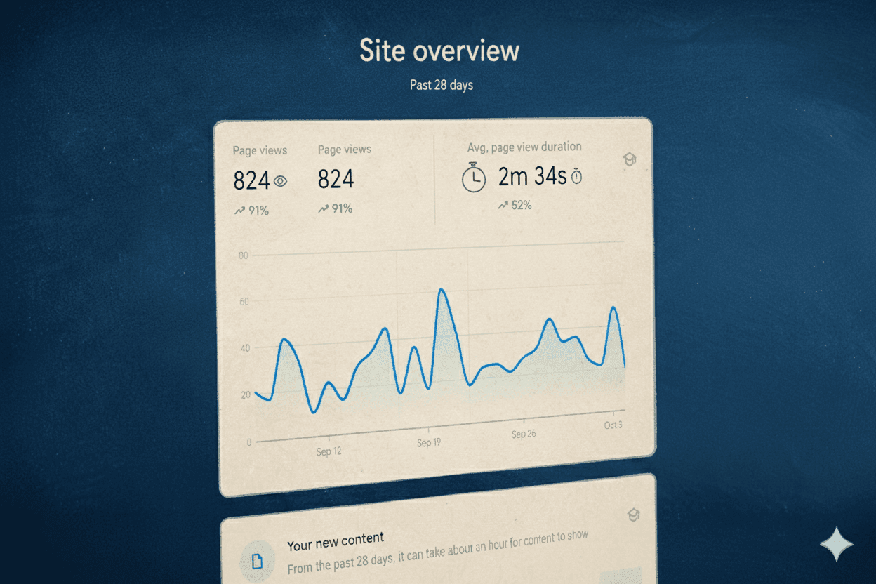 A digital "Site overview" dashboard for the "Past 28 days" showing 824 page views (up 91%) and an average page view duration of 2 minutes and 34 seconds (up 52%), visualized with a blue line graph.