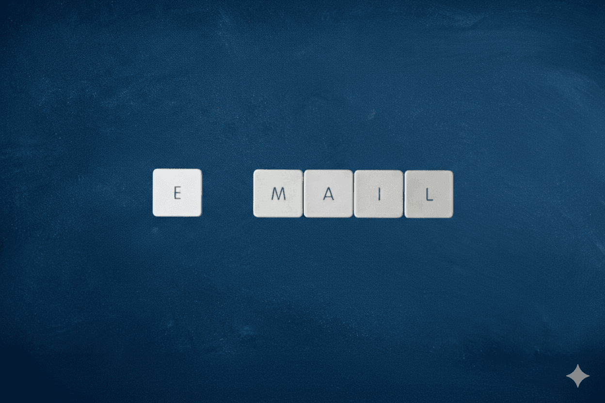 Five white computer keyboard keys arranged on a dark blue surface to spell out the word "EMAIL."